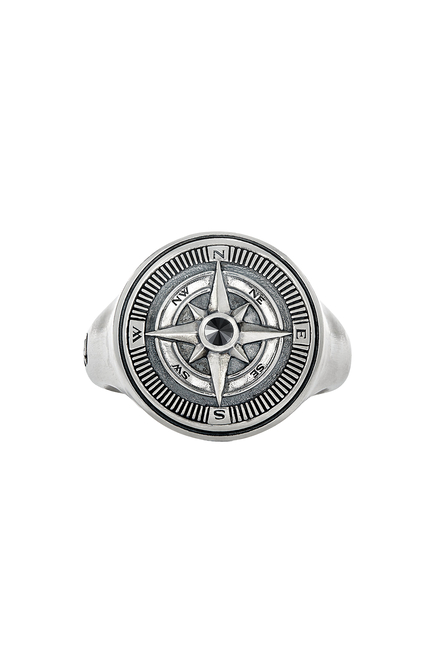 Maritime® Compass Signet Ring, Sterling Silver & Black Diamond